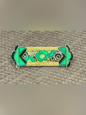Pierre Bex Gold-Tone Brooch with Green Enamel Floral Iridescent Motif